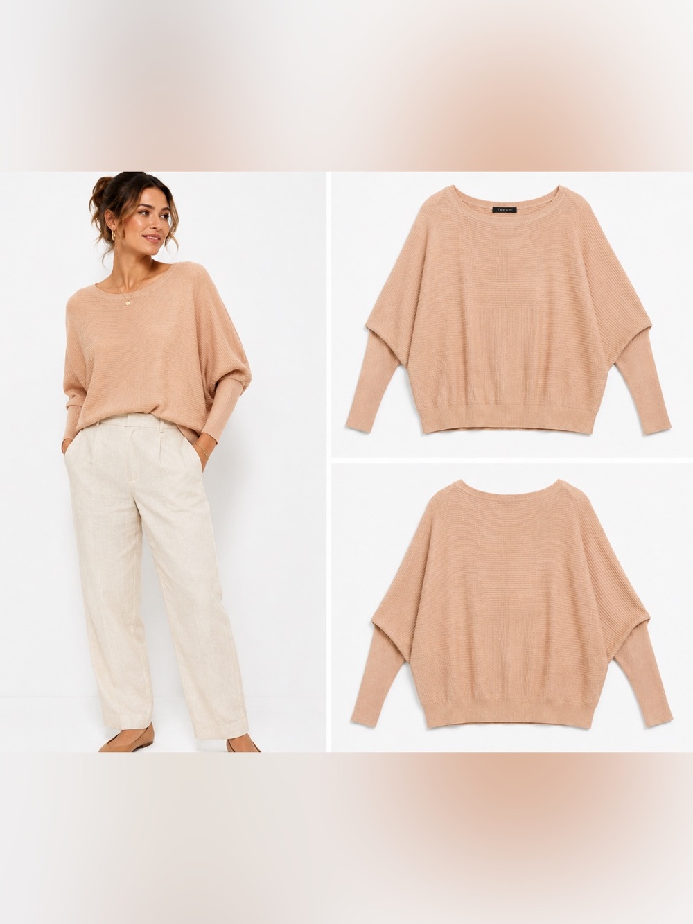 T Tahari Textured Ribbed Dolman Batwing Sweater Peach Tan